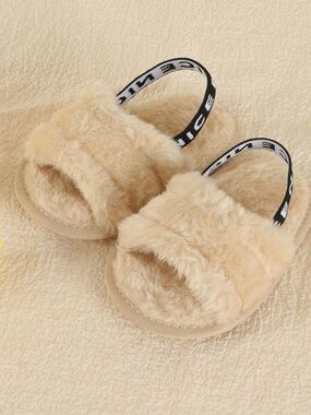 Baby Plush Slide Slipper with Back Strap - Beige